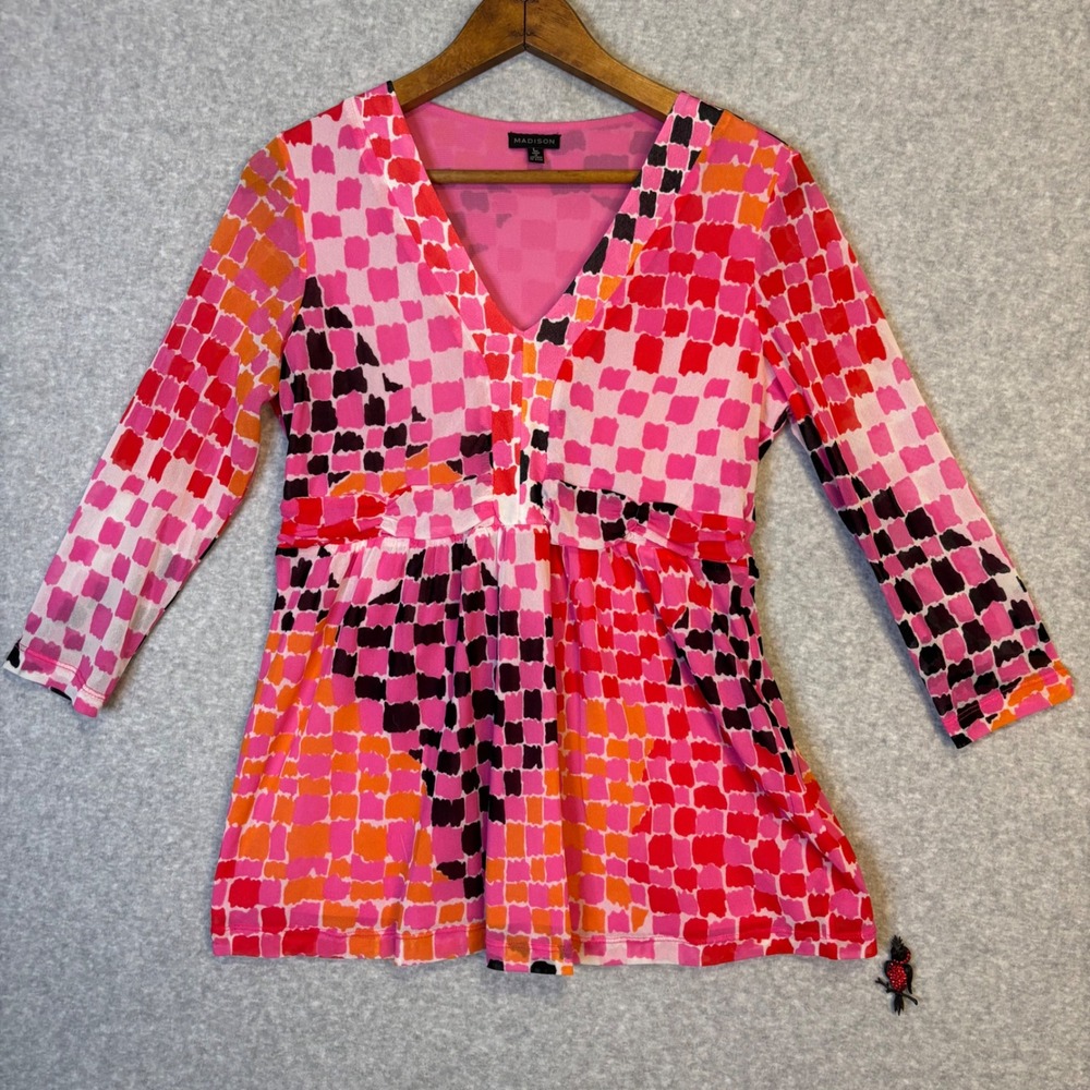 90s Madison Women's Large Pink Orange Black Checkered V Neck Sheer Sleeve‎ Top